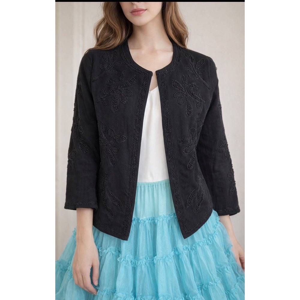 Vtg Mango Black Beaded Embellished Open Front Size M Cotton Cardigan Sweater EUC